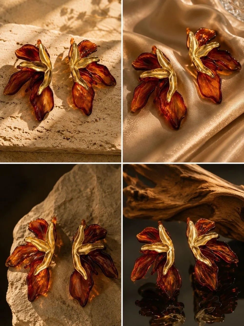 Gold-Plated Earrings with Amber Resin Leaf Petals